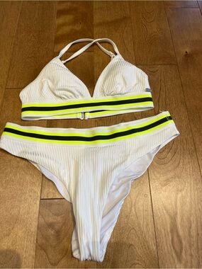 White Ribbed Bikini Set with Neon Stripe